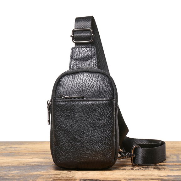 Men's Genuine Leather Crossbody Chest Bag in Black – Compact Lightweight Sling Bag with Adjustable Strap and Multiple Zipper Pockets for Travel, Daily Use