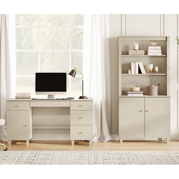 WAMPAT Home Office Furniture Set, 58" Executive Desk with Charging Station and Cabinet, 71" Tall Bookcase with Doors and Adjustable Shelves for Living Room, Beige Linen Printed
