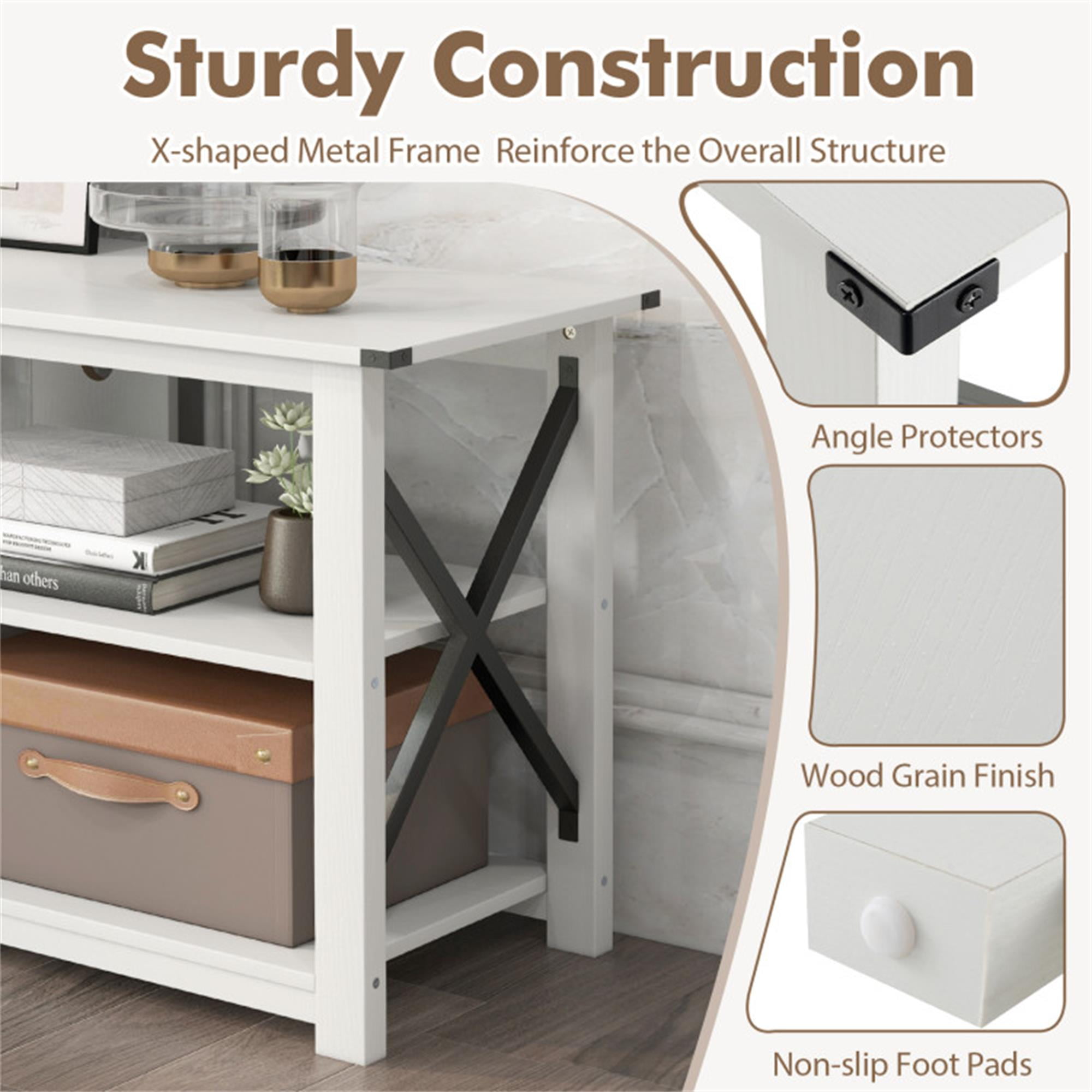 Demi Bonn TV Cabinet, 3 Tier Wood TV Stand for 55" with Open Shelves and X-Shaped Frame, Media Entertainment Center with Storage, for Living Room, Bedroom, White