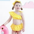 thumbnail image 3 of Traje de baño con volantes para niña pequeña, conjunto de bikini, ropa de playa de un hombro, traje de baño de princesa de 3 piezas, 2-3t, negro Feliz Sencillez, 3 of 4