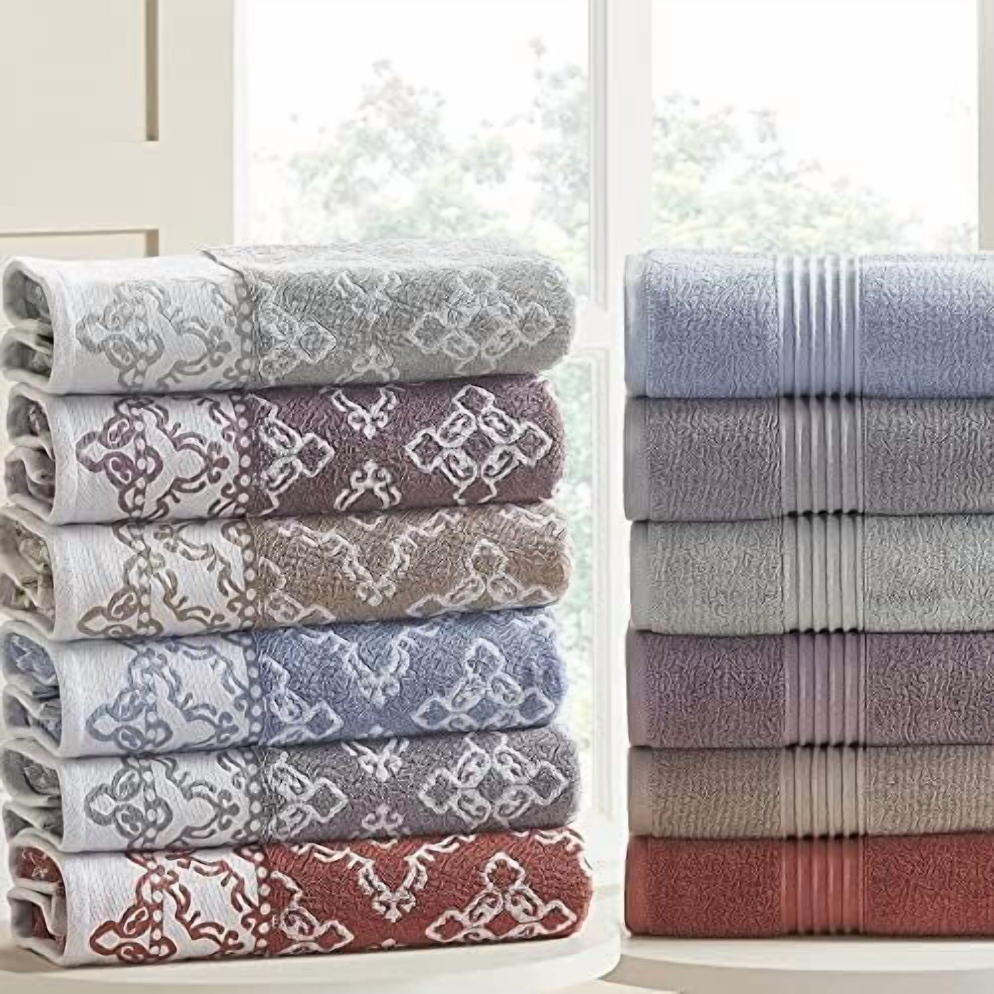 6 Piece Set, 2 Bath Towels, 2 Hand Towels, 2 Washcloths Yarn Dyed Jacquard/Solid Towel Set Charlize Clay