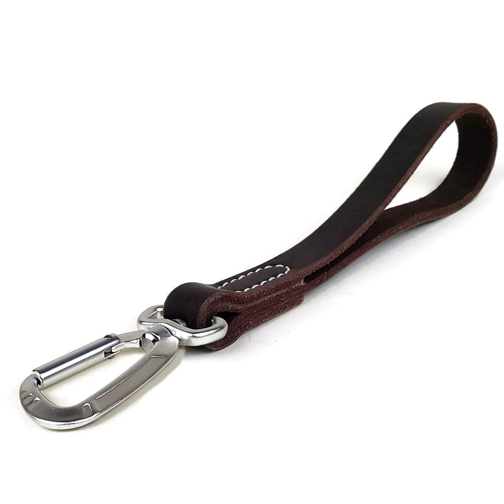 Leather Leash Tab, 12” Dog Short Leash with Carabiner Clip, Training