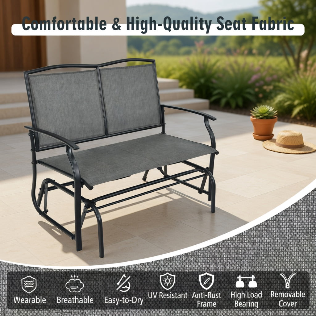 Hommoo Heavy-Duty Steel Outdoor Rocking Loveseat Chair, Textilene Patio Rocker for Backyard, Lawn, Deck or Indoor Living Space, Gray