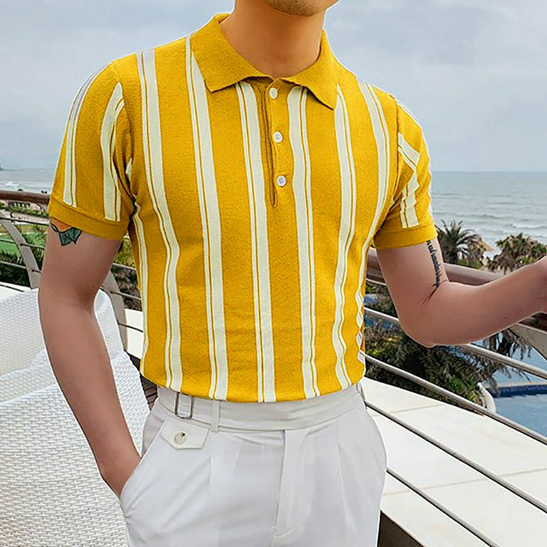 New Summer T Shirts for Men 2023 Short Sleeve Turn-down Collar Letter  Printing Button Striped