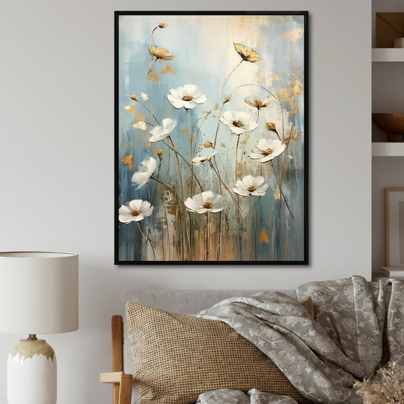 Designart "Whispering Gardens Of Beige Wildflowers I" Wildflowers Floater Framed Wall Art Living Room