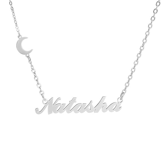 NUNCAD Personalized Name Necklace with Moon, Silver Stainless Steel Custom Nameplate Pendant Necklaces, Cross Chain, 6 Chain Length Options