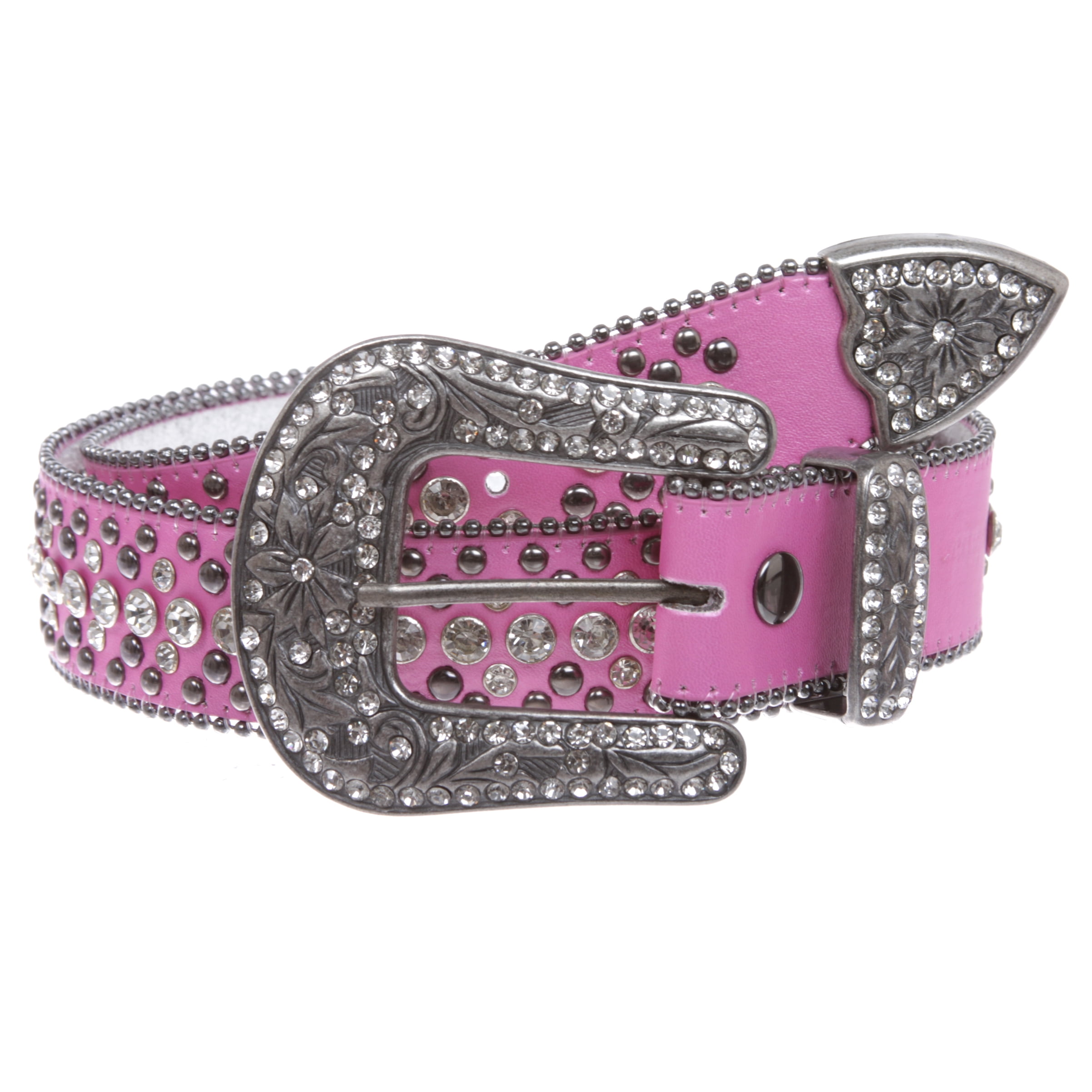Snap On Rhinestone and Gun Metal Color Circle Studded Leather Belt at   Women’s Clothing store
