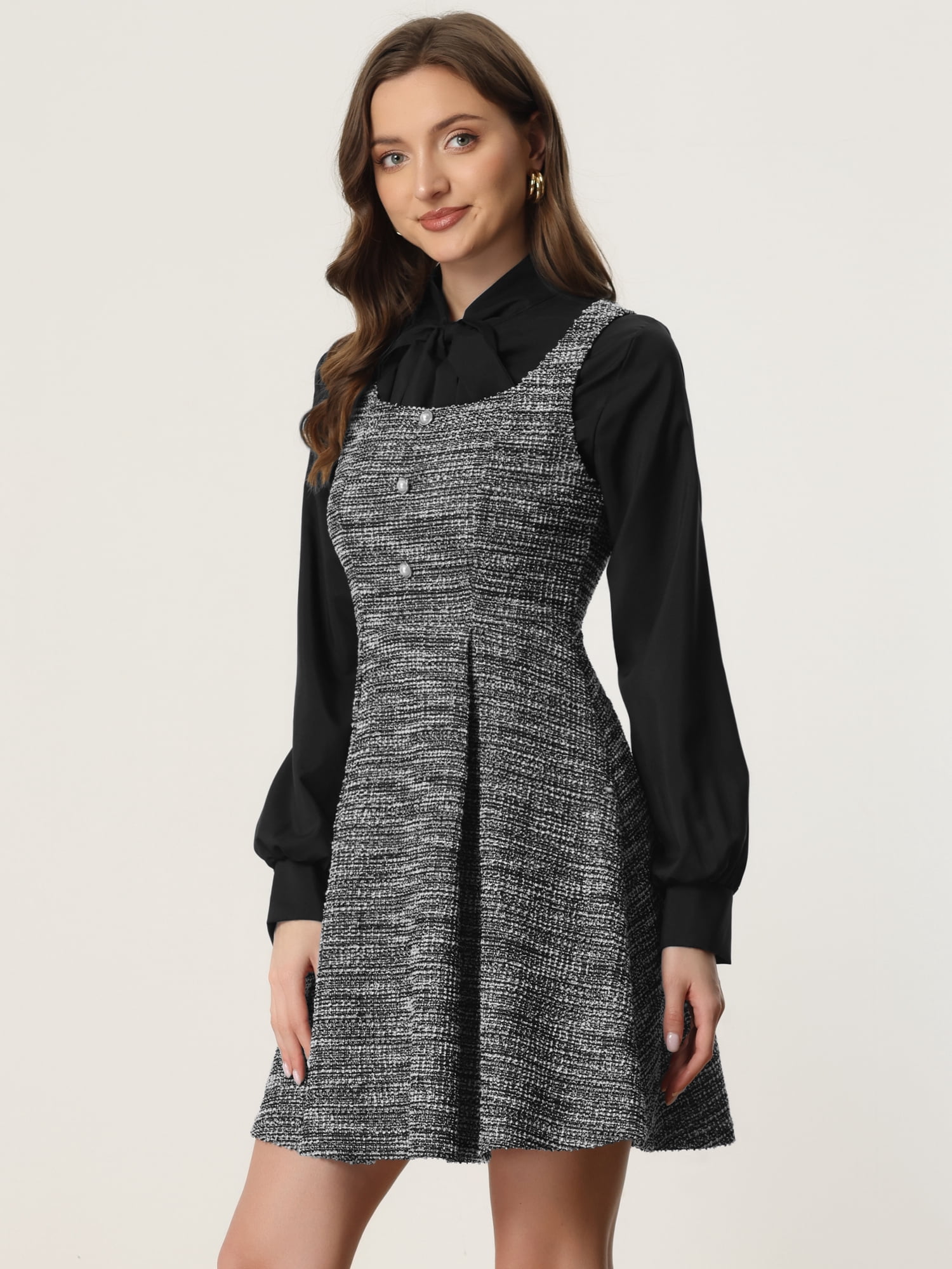 DARING DIVA Sleeveless Square Neck Button Plaid A-Line Tweed Dress XL Black