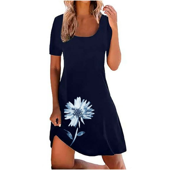 2025 Clearance! Womens Clothes Clearance asdoklhq Womens Plus Size Clearance Dresses,Casual Loose Dress For Women,Womens O-Neck Sleeve Sundress Swing Flowy Mini Dress Solid Dress