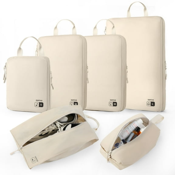 EPICKA Ultra-Lightweight Compression Packing Cubes - 6 Set Water Resistant Durable Travel Organizers with Toiletries Bag, Expandable Travel Accessories for Carry on Luggage, Suitcase (Beige)