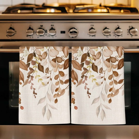Brown Orange Eucalyptus Kitchen Towels Set of 2, Farmhouse Weeping Leaves Linen Absorbent Dish Towels for Kitchen, Microfiber Hand Towel, Quick Drying Tea Towel for Cleaning Decorative Dishcloths