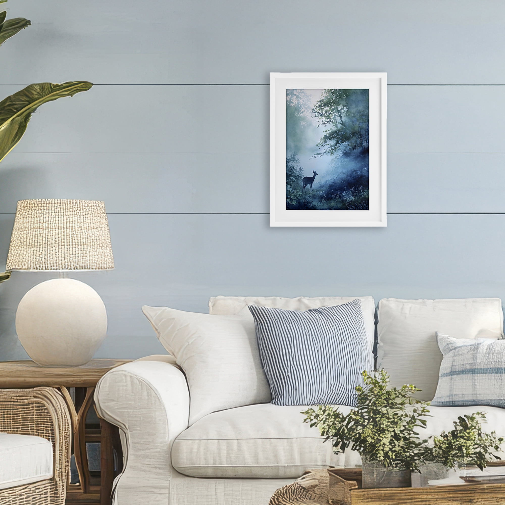 Stupell Industries Blue Dawn Deer in Mist White Framed Print Under Glass, design by Franklyn Gregory