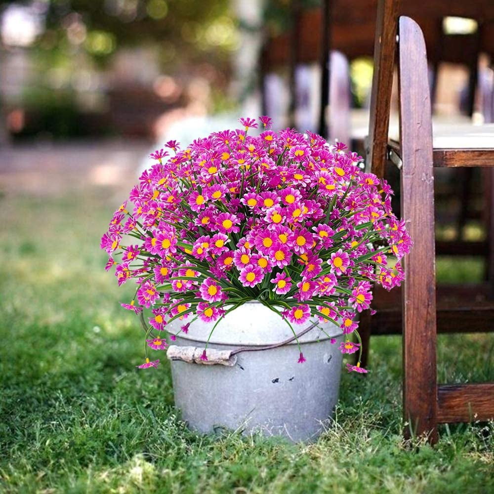 Artificial Daisies Flowers Outdoor UV Resistant 4 Bundles Fake Foliage Greenery Faux Plants Shrubs Plastic Bushes for Window Box Hanging Planter Farmhouse Indoor Outside Decor(White)