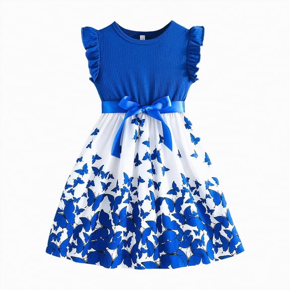 NOLDARES Girls Summer Strap Dresses Flowy Tiered Ruched Back Casual Beach Sundress(Blue,7-8 Years)