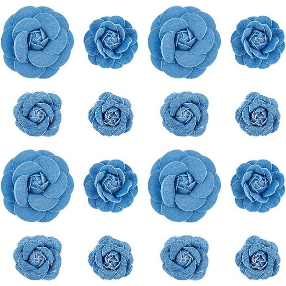 16Pcs 4 Styles Blue Denim Cloth Flowers Fabric Camelia Canvas Fabric Flower Flower Shaped Sewn Accessories for Clothes Decoration Jacket Skirt Coat Trim Brooch Crafts DIY DIY