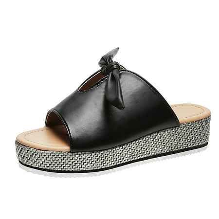 

Fashion Women Summer Bow Comfortable Slip-On Flat Shoes Beach Weave Peep Toe Breathable Sandals