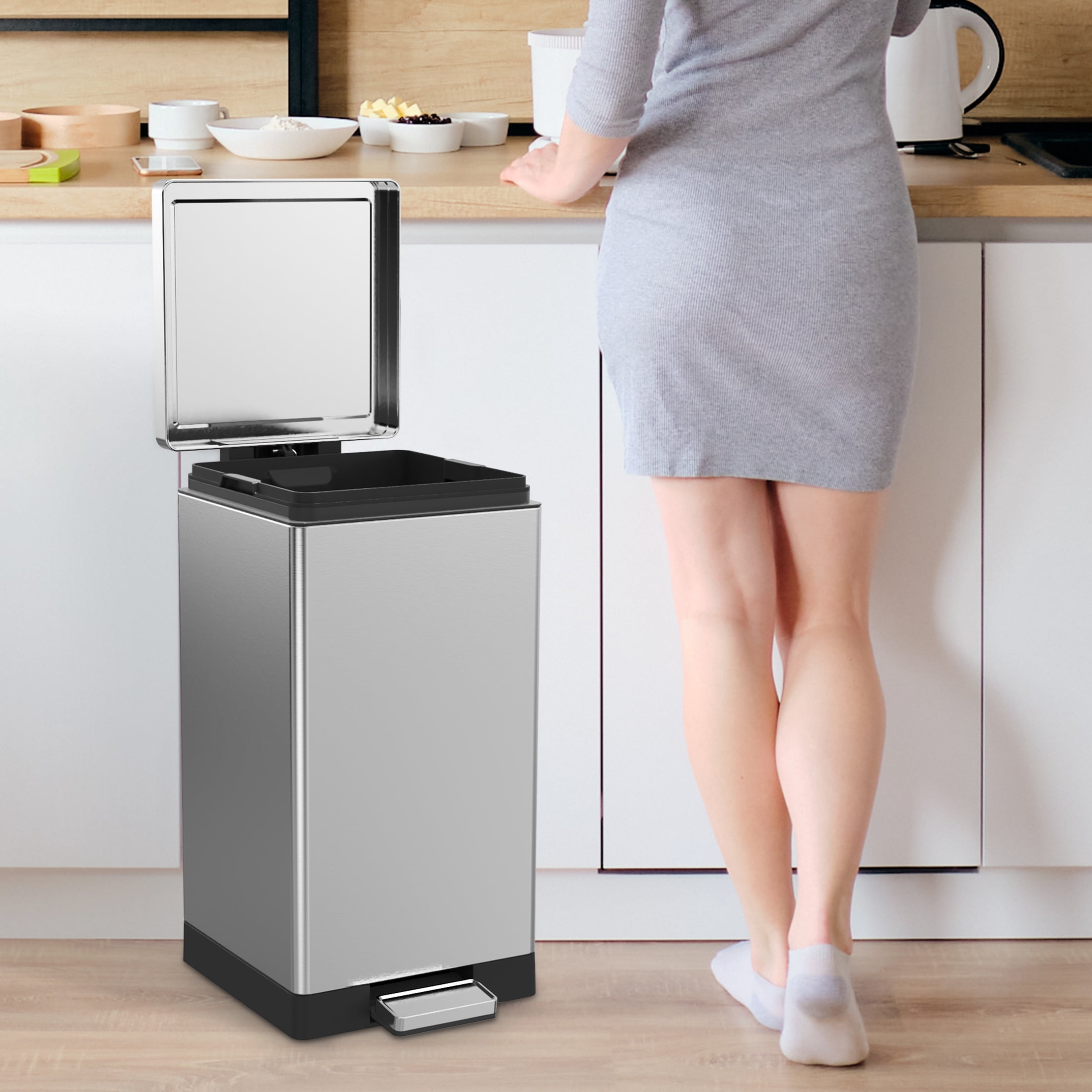 Simplykleen Kitchen Trash Can, 7.9 Gallon Stainless Steel Step Garbage Bin with Soft Close Lid, Silver
