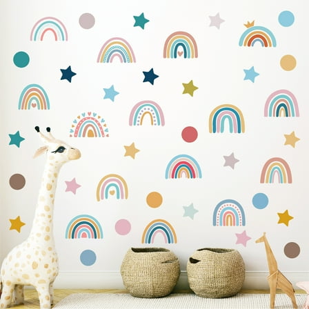 76 Pcs Rainbow Stars Dots Multi-color Decals Boho Style Removable Wall Stickers Vinyl Peel and Stick Kids Bedroom Living Room Playroom DIY Decor