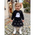 thumbnail image 4 of RUINIXCW Toddler Baby Girls Halloween Outfit Little Baby Girls Fall Clothes Cute Pumpkin Ghost Embroidery Long Sleeve Sweatshirt Top with Tulle Tutu Skirt Set, 4 of 9