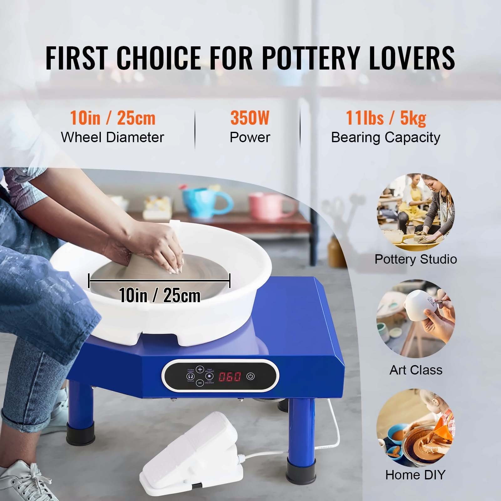 Pottery Wheel 10in, Ceramic Wheel Machine with Tools, 60-300 RPM, Foot Pedal, LCD Display, Detachable Basin, for Clay Sculpting, Arts & Crafts, DIY