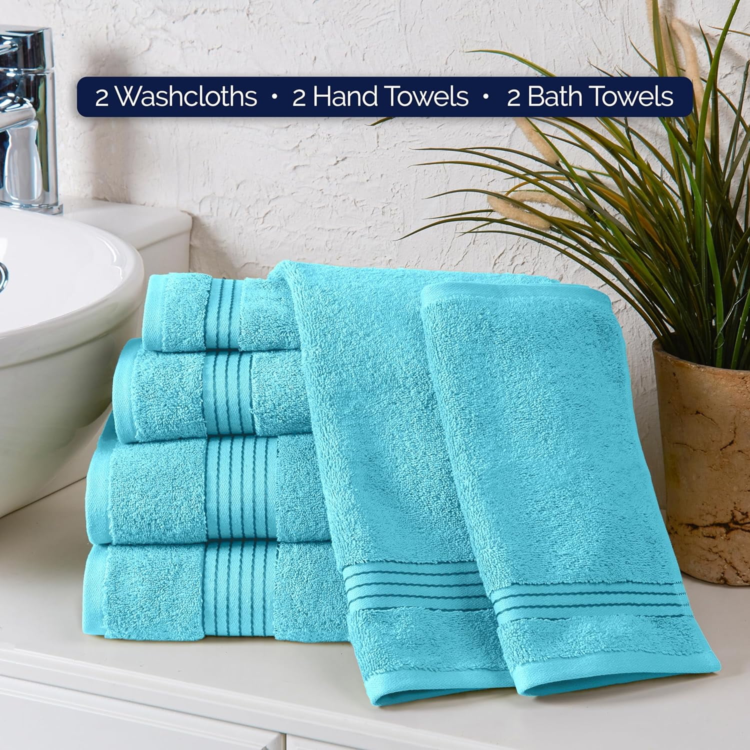 Elegant Comfort Cotton 6-Piece Towel Set, Includes 2 Washcloths, 2 Hand Towels and 2 Bath Towels, 100% Turkish Cotton - Highly Absorbent and Super Soft Towels for Bathroom, Aqua