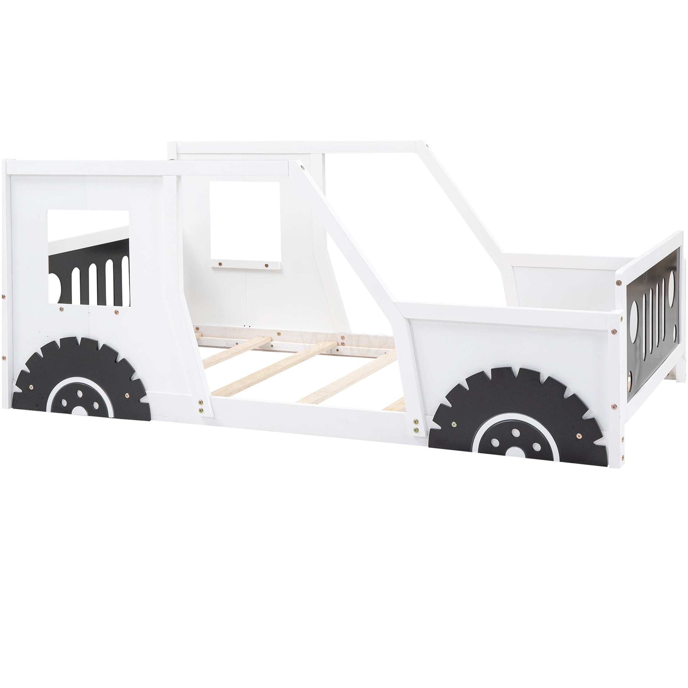 Twin Size Race Car Bed Frame with Wheels, White Wood Platform Bed No Box Spring Needed