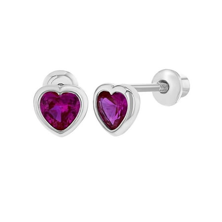 Rhodium Plated Hot Pink CZ Little Heart Screw Back Earrings for Babies Kids