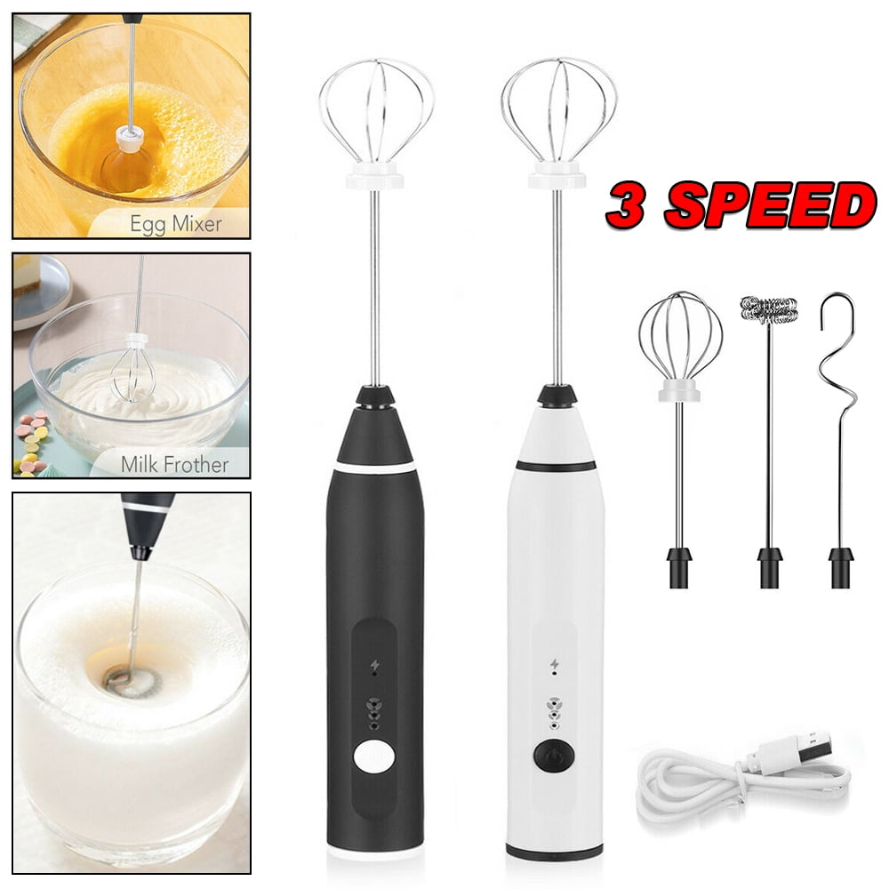 Rechargeable Milk Frother Handheld with 2 Attachments - Handheld Silver  Electric Whisk Drink Foam Mixer, Mini Stirrer with 3 Adjustable Speeds for