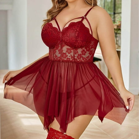 Crunowin Plus Size Lingerie Lace for Women Strap Chemise Nightgown V Neck Nighty Mesh Sleepwear Nightdress Wine Size 3XL