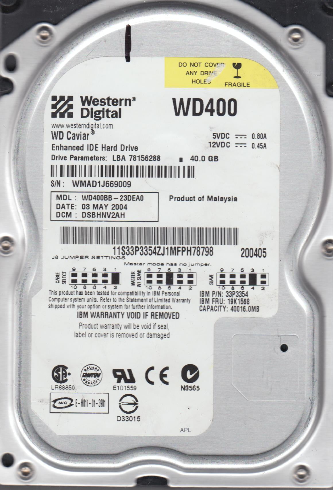WD400BB Western Digital 40GB 7200RPM ATA 100 3... Western Digital Caviar 40GB 7.2K 3.5\" EIDE Hard Drive WD400BB