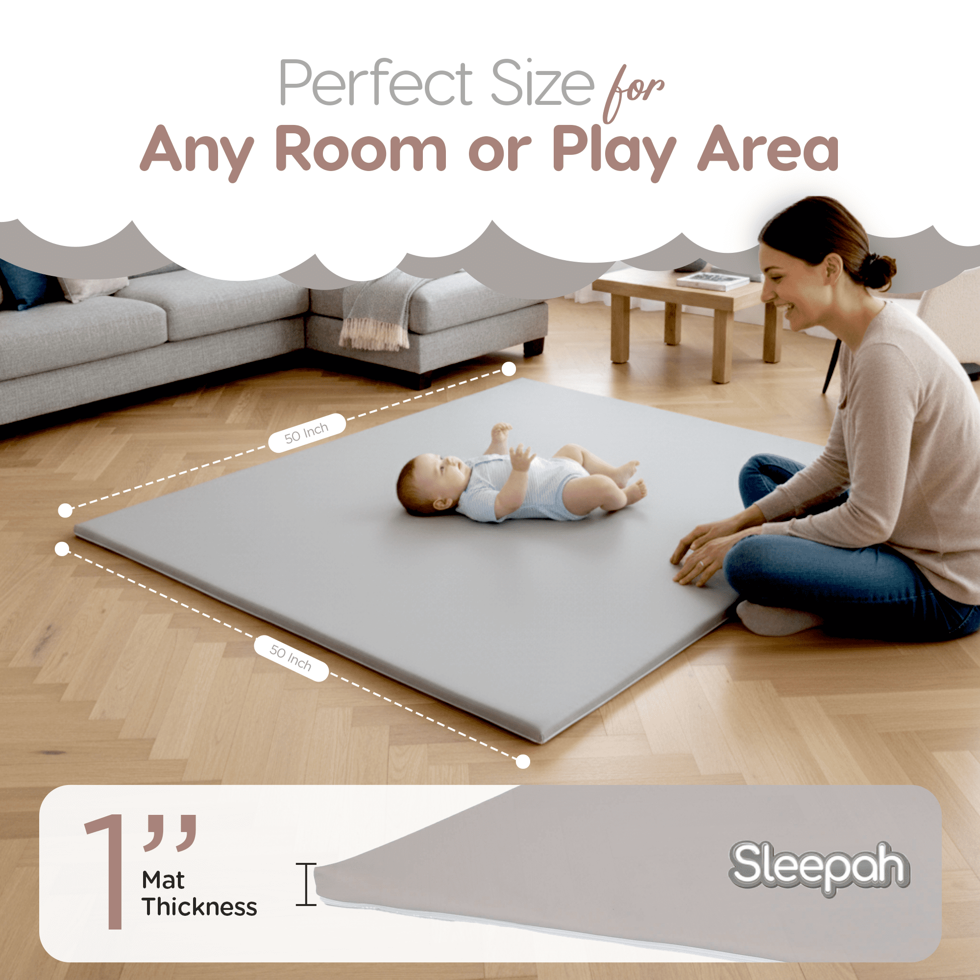 Sleepah Baby Play Mat for Floor 50" x 50" – Waterproof Vegan Leather Tummy Time Mat – Easy to Clean with Removable Cover – Foam Support with Non-Slip Bottom for Infant, Kids & Toddler Crawling