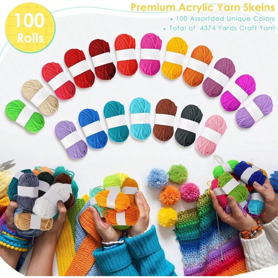 100 Rolls Acrylic Yarn for Knitting Bulk 4374 Yard Knitting Acrylic Yarn Mini Soft Crochet Skeins Multicolor for Handcraft and Crochet Projecting Adults Beginner Kit Multi Colors
