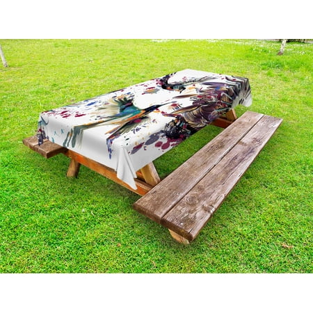 

Hummingbird Outdoor Tablecloth Art with Lily Flowers Birds and Color Splashes in Watercolor Painting Style Decorative Washable Fabric Picnic Table Cloth 58 X 84 Inches Orange Blue by Ambesonne