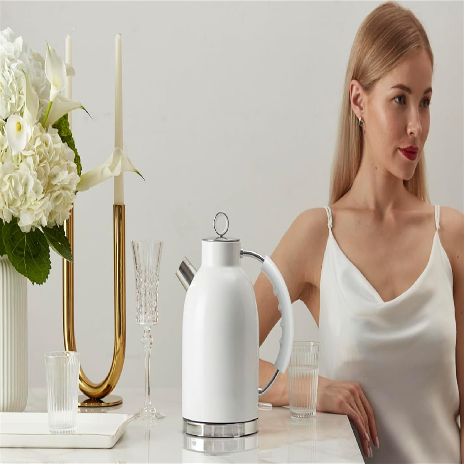 Electric Kettle, Stainless Steel Electric Tea Kettle Gifts for Men/Women/Family 1.5L 1500W Retro Tea Heater & Hot Water Boiler, Auto Shut-Off and Boil-Dry Protection (White)