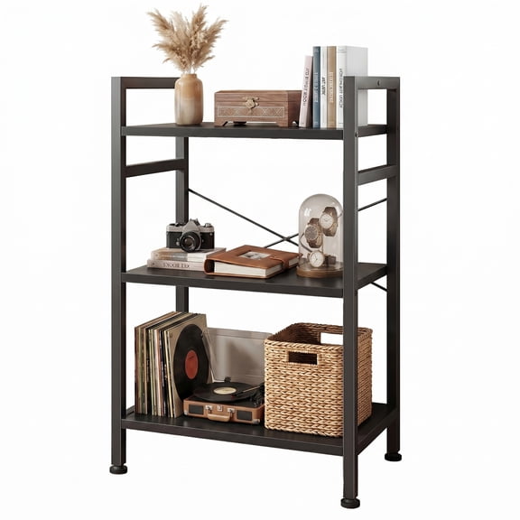 CONCETTA Bookshelf, 3-Tier Small Industrial Storage Shelf & Shelves, Metal Bookcase for Home Office, Living Room, Bedroom, Black