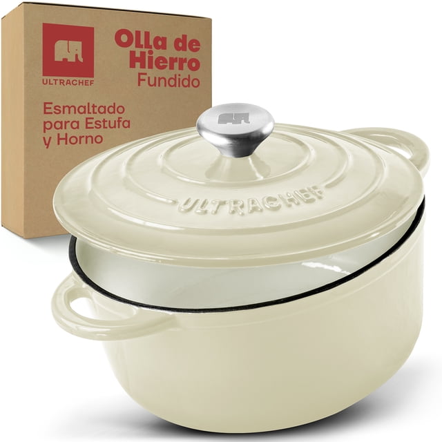 Olla de Hierro Fundido Esmaltado para Estufa y Horno ULTRACHEF , Horno Holandés Cubierto de Hierro Fundido , Dutch Oven , Redonda , Tamaño 24 cm, Capacidad 3.8 Litros, Crema