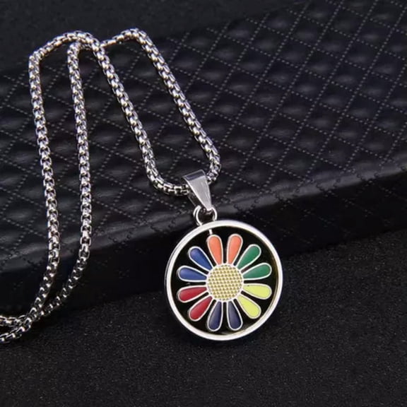HOOUN MEN Stainless Steel Chain Necklace Rainbow Flowers Happy Face Daisy Pendant 1668-Flower
