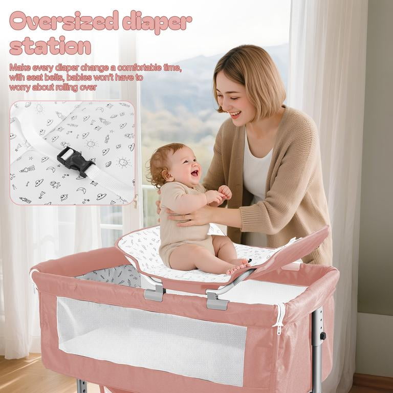 Dapmiu 4-in-1 Convertible Baby Crib, Bedside Sleeper with Changing Table, 6-Level Height Adjustable, Rocking Crib, Silent Wheels, Storage Basket, Mosquito Net, for Newborn to 24 Months,Ash Gray