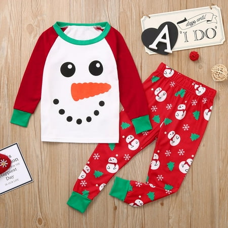 

ERTUTUYI Christmas Children Kids Cartoon Snowman Top+Pants Xmas Family Clothes Pajamas White 90