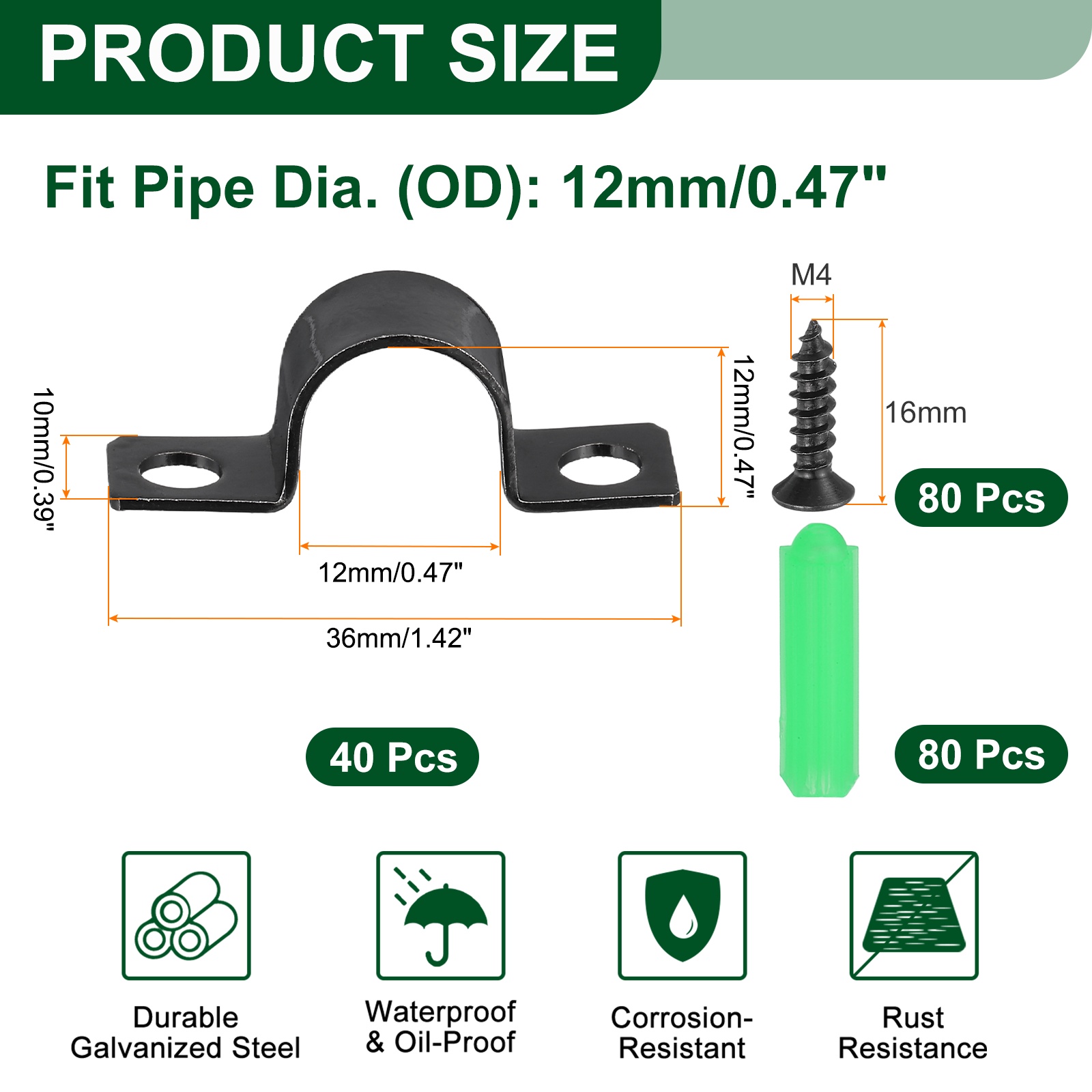 Uxcell 40Pcs 12mm(1/2") Two Hole Pipe Strap, Rigid U Brackets Conduit Clamp Heavy Duty Carbon Steel Pipe Strap Clip with Self-Tapping Screws and Expansion Tube for Fixing Wire Cord