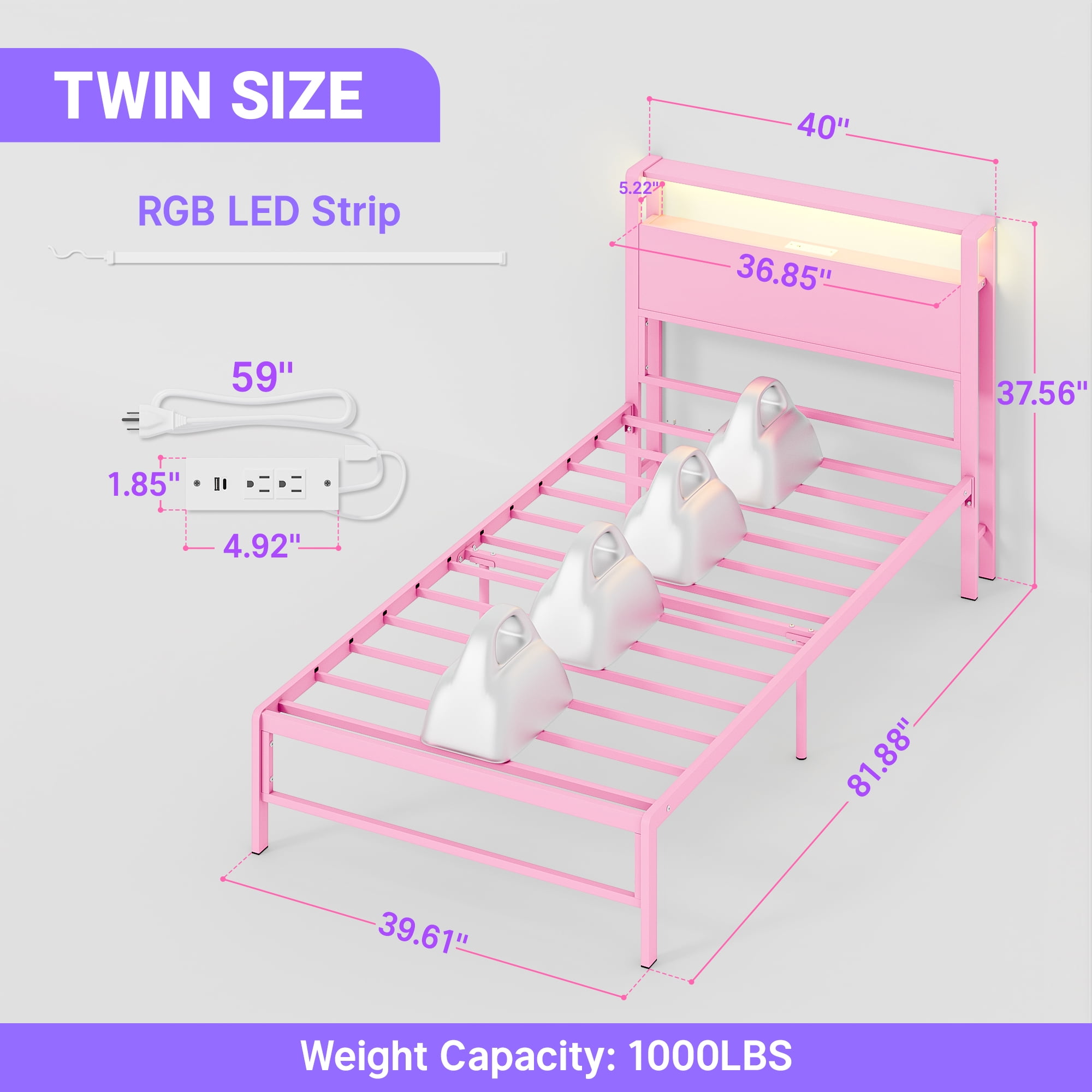 Yoneston Power Outlet LED Light Twin Metal Platform Bed Frame with 2-Tier Storage USB Port Charging Station Headboard for Kids Boys Girls Adults, Pink