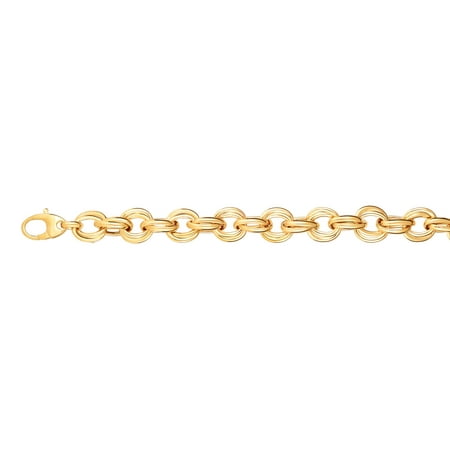 14K Yellow Gold 11.8mm Shiny Alternate Oval+Round Double Link Fancy Bracelet with Lobster Clasp