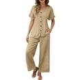 thumbnail image 3 of Zynoxe 2 Piece Sets for Women Going Out Trendy V Neck Button Down Top Elastic Waist Lace Pants Suit Soft Breathable Cotton Linen Womens Lounge Set Casual Loose Solid Color Summer Outfits S, 3 of 10