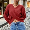 thumbnail image 2 of Ediodpoh Women Fashion Solid Crop V Neck Long Sleeve Knit Sweater Pullover Knit Tops for Women Red XL, 2 of 5