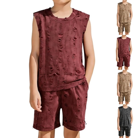 Asxite Boys 0-12 Years Solid Short Sleeve Crewneck Tops with Pants Vintage Loose 2 Piece Summer Set Dark Gray 1-2Years