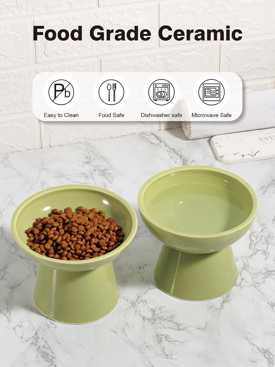Elevated  and Water Bowls Set, Extra Wide and Raised Ceramic Feeder, Anti-Vomit -Free   Bowl for Kittens to Adult Cats, Small Dogs (Green, Water Bowl)
