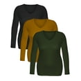 thumbnail image 5 of Essential Basic Women's Junior Size Vneck Tshirt Long Sleeves Shirt Tee, Medium, 3Pk Black, Mustard, Olive, 5 of 5
