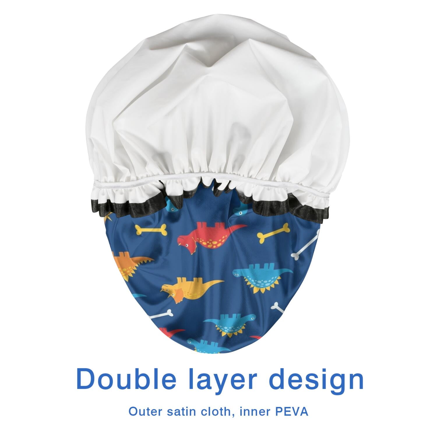 Shower Caps,DarkBlue Cartoon Dinosaurs Bones Pattern Waterproof Shower Cap for Women 4 Pieces,Double Reusable Hair Cover for Shower PEVA Elastic Stretch Hem