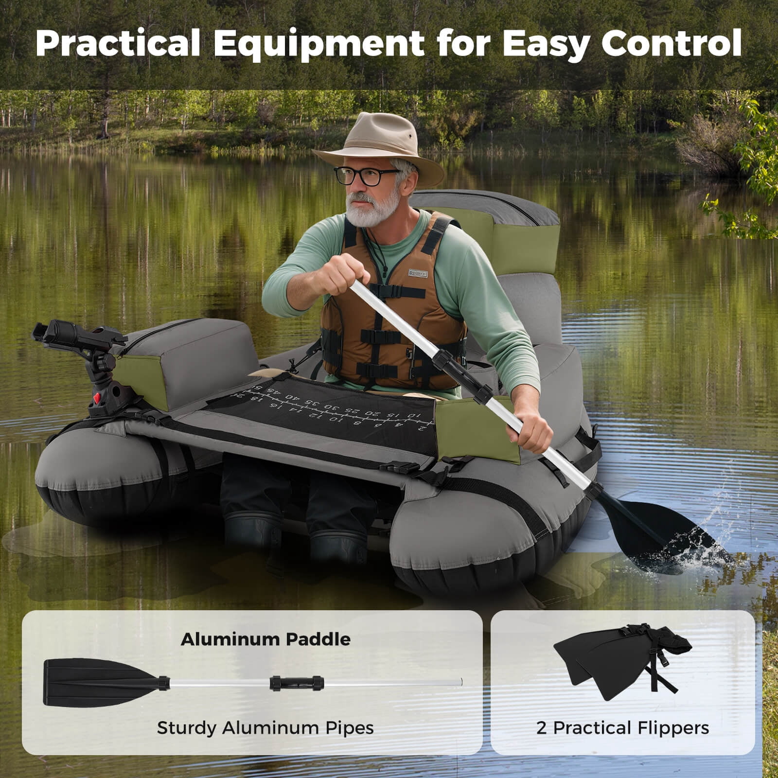 Goplus Inflatable Fishing Boat 350 LBS Fishing Float Tube with Fishing Rod Holder Gray+Green