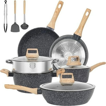 12Piece Granite Non-Stick Skillet Frying Pots and Pans Safe Kitchen Cooking Cookware Set - Black